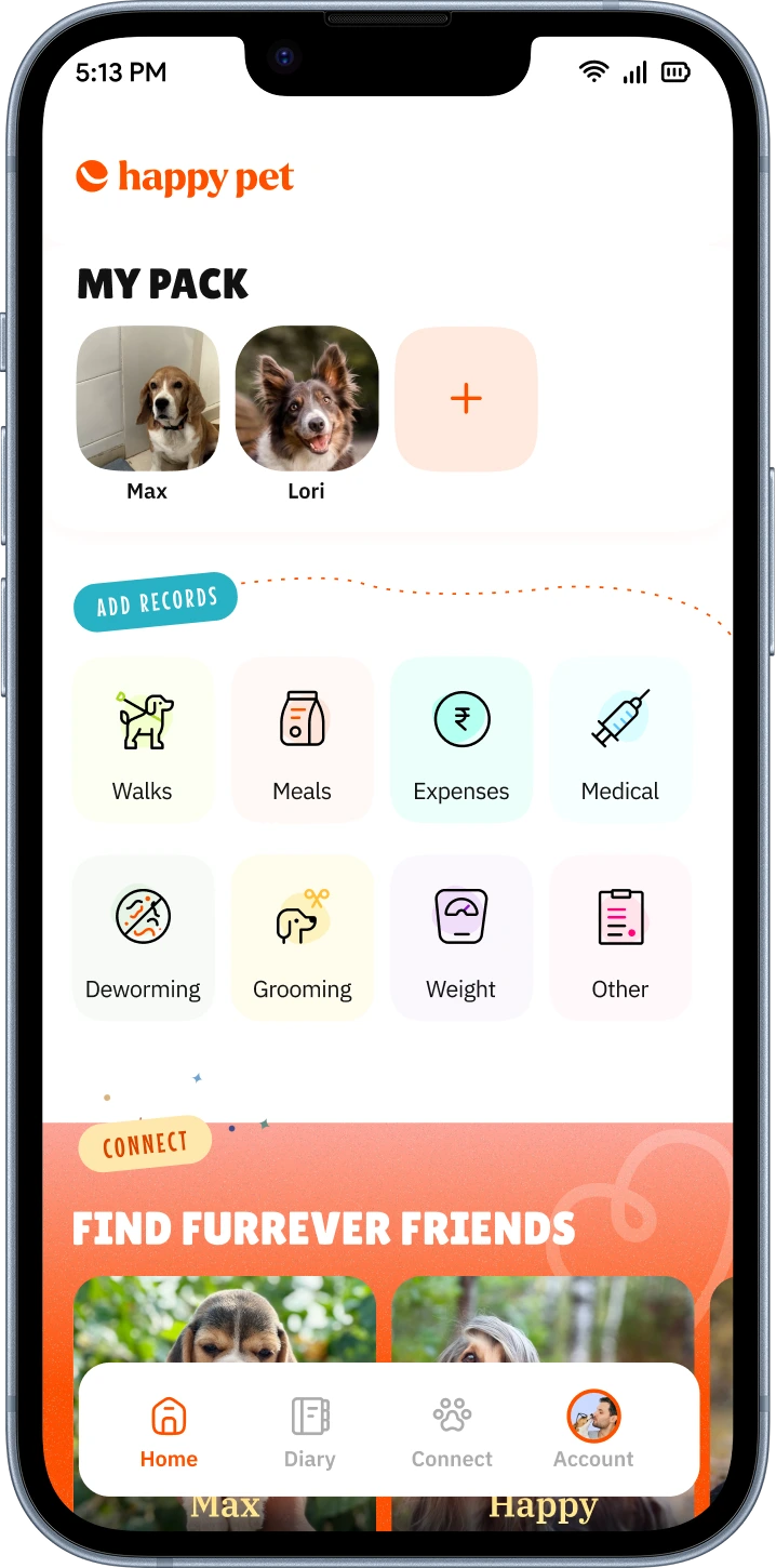 Happy Pet app mockup with pet parents and floating feature cards